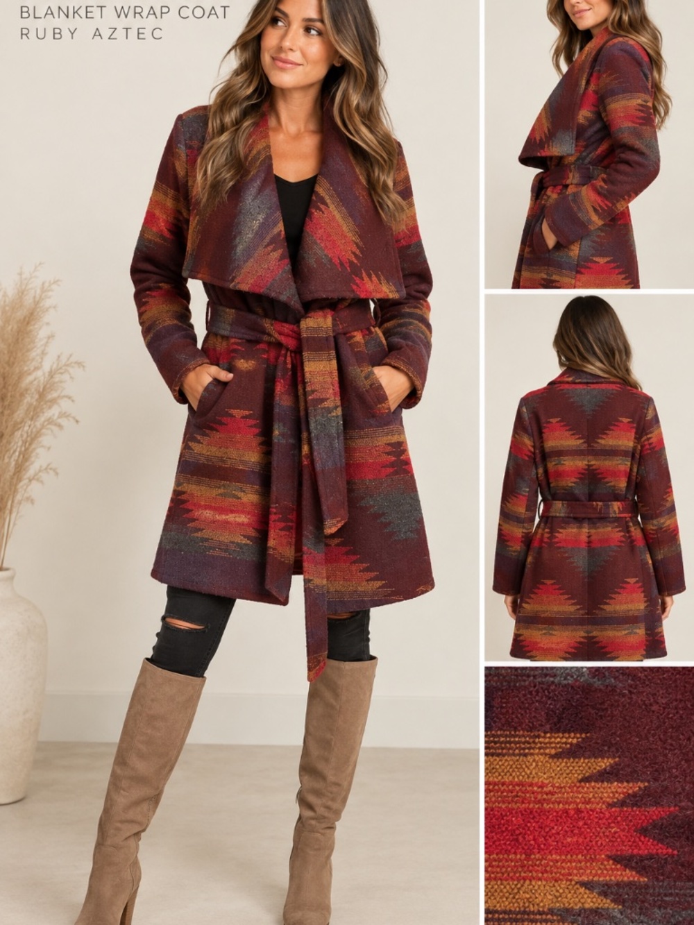 Steve Madden Ruby Aztec Blanket Wrap Coat | Southwestern Belted Wool Blend